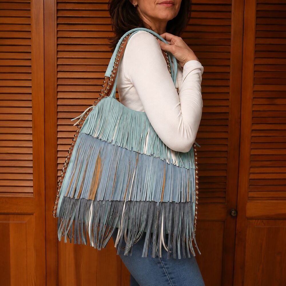 Big Buddha Fringe Studded Faux  Leather Shoulder Bag Blue Brown Western *FLAW*